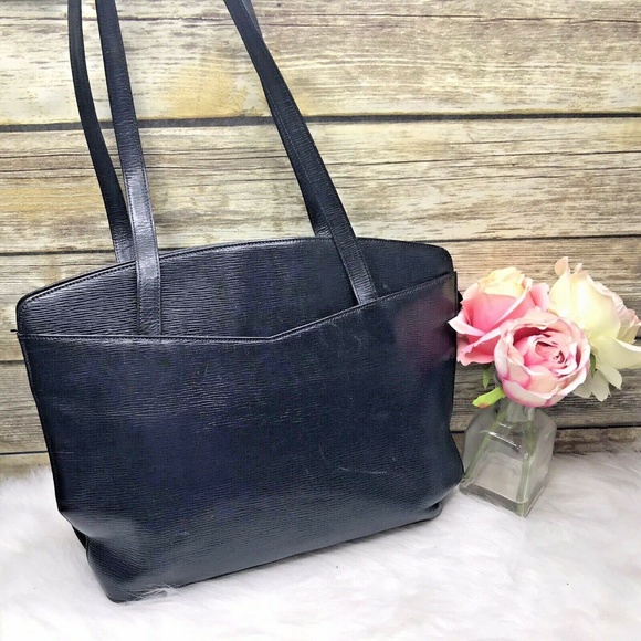 Vntg HCL Black Genuine Embossed Leather Tote Bag